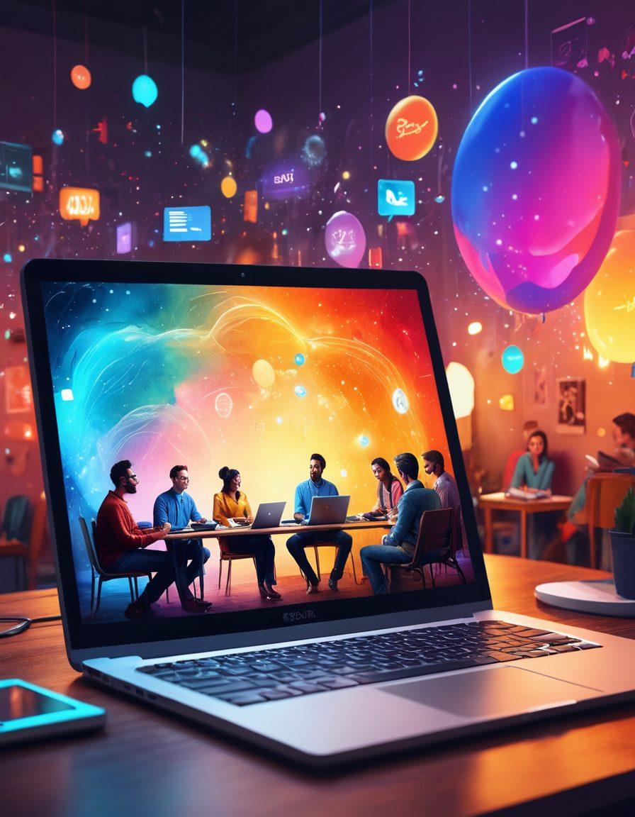 A stylized digital canvas featuring a diverse group of adults gathered around a glowing laptop, immersed in storytelling. Visual elements like floating text bubbles filled with vibrant stories and icons symbolizing blogging tools, such as pens and cameras. The ambiance should radiate creativity, with colorful, abstract overlays and a whimsical feel, reflecting the blend of art and technology in digital storytelling. super-realistic. vibrant colors. 3D.