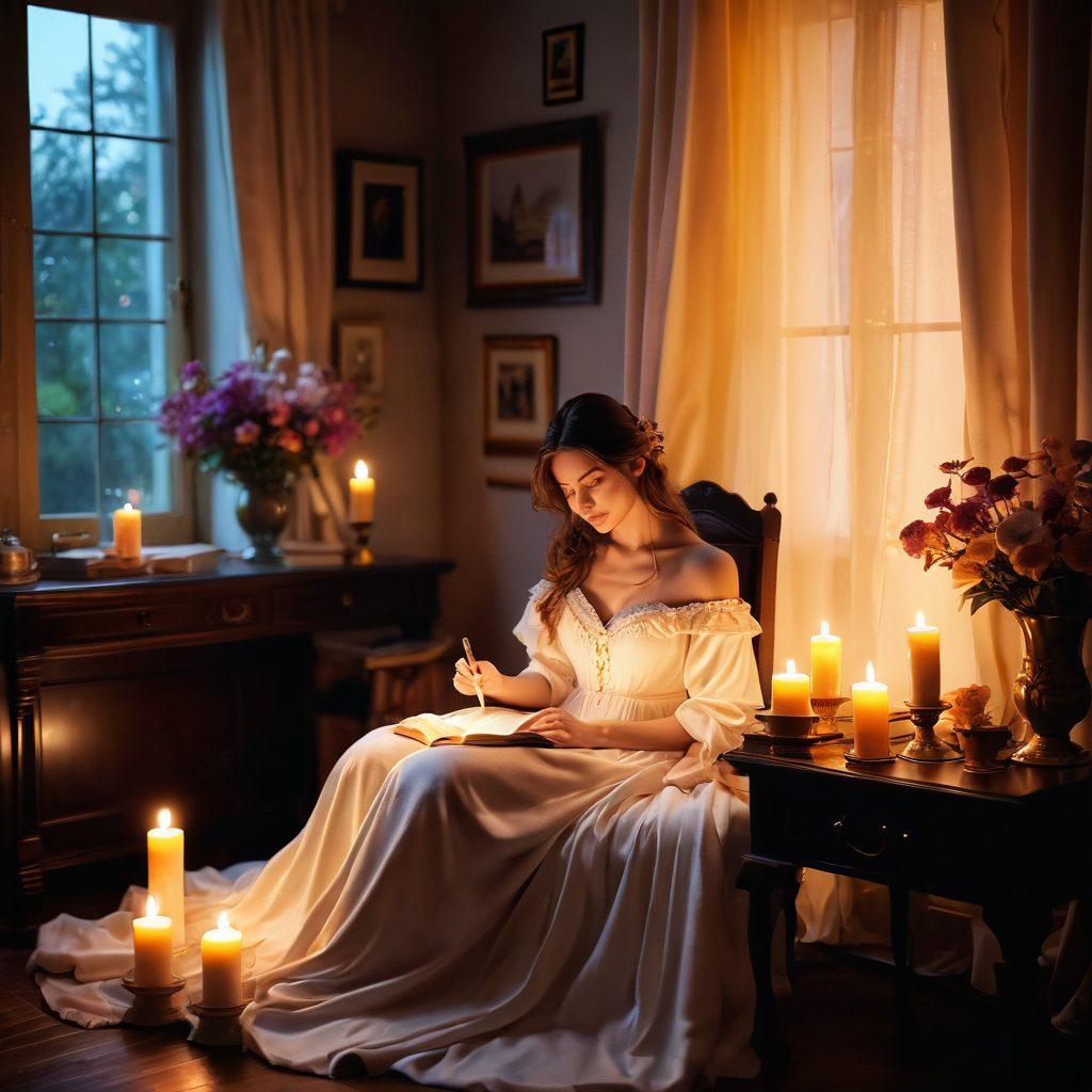 An ethereal scene depicting an enchanting writer immersed in a candle-lit, beautifully decorated study, surrounded by soft fabrics and blooming flowers. The writer gazes thoughtfully at swirling pages of sensual stories that come to life around them, with soft, alluring light casting gentle shadows. The atmosphere exudes warmth, intimacy, and creativity, inviting the viewer into the world of fantasy. super-realistic. vibrant colors. soft focus.