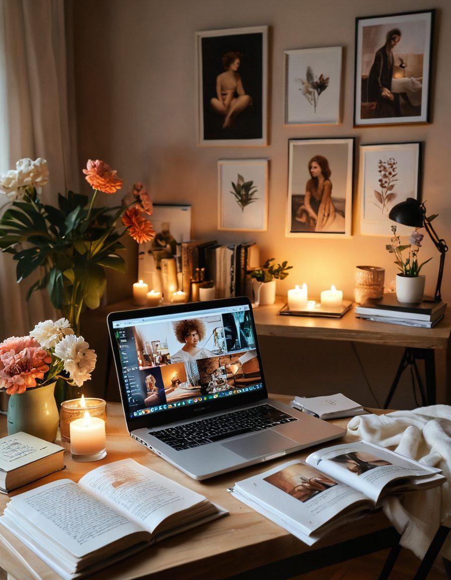 A creative workspace featuring a laptop open to a blog with soft lighting, surrounded by art supplies and sensual elements like candles and flowers. Include a cozy chair and pillows for comfort, with a warm color palette to evoke a feeling of intimacy and creativity. Decorate the background with abstract artwork and books on storytelling. super-realistic. warm tones. cozy atmosphere.